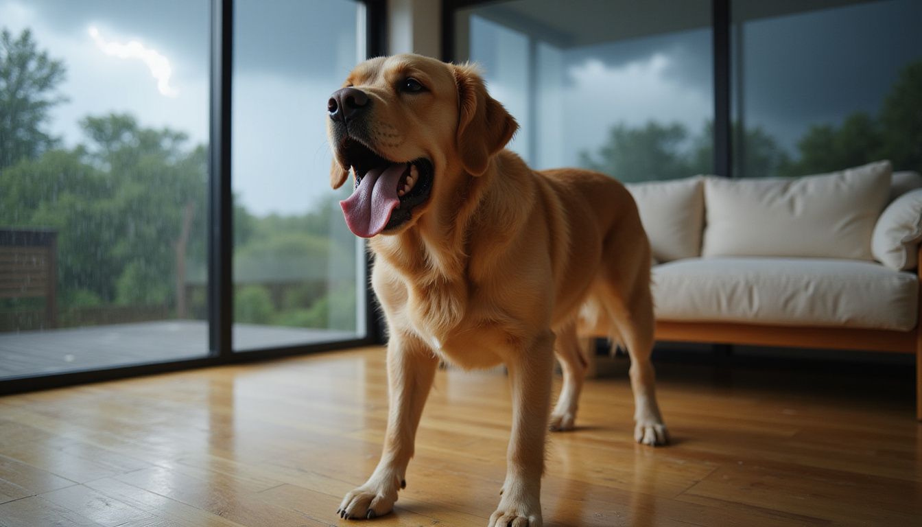 A distressed golden retriever barks anxiously amid a stormy setting.