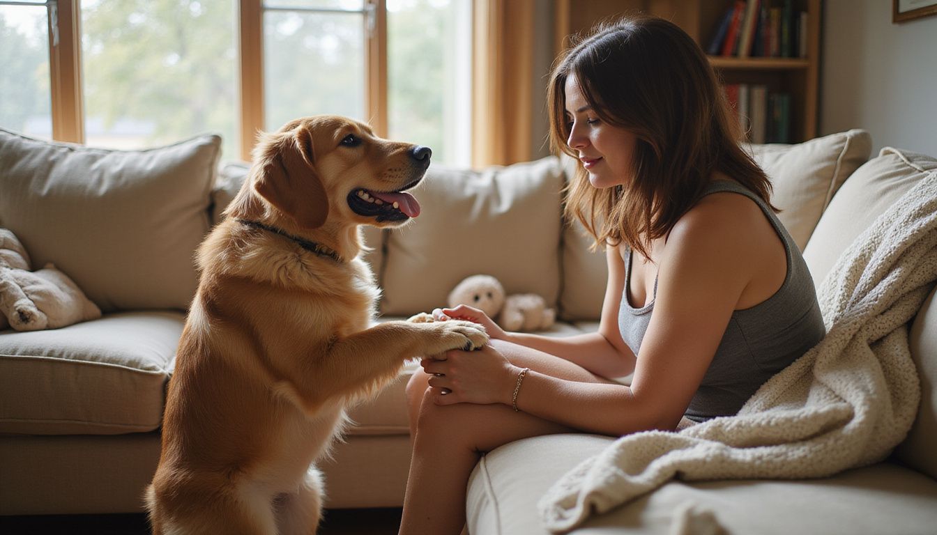 A woman playfully engages with her golden retriever on a sofa.