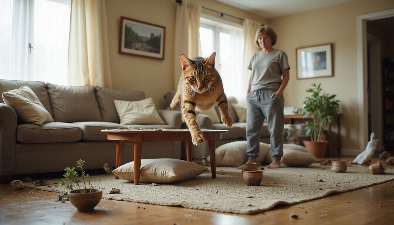 A Bengal cat leaps across a cluttered living room while a weary woman observes the chaos.