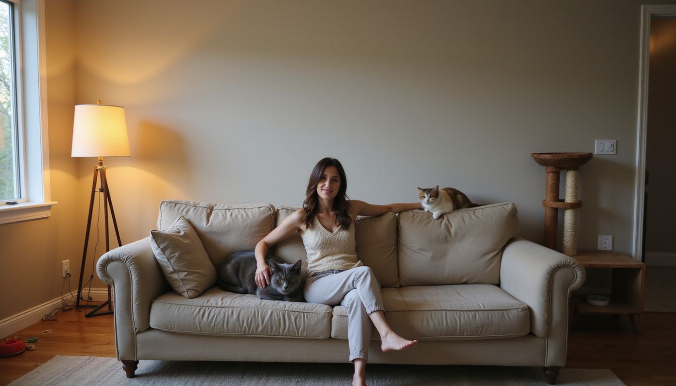 A relaxed woman enjoys the company of three cats in a cozy, lived-in living room.