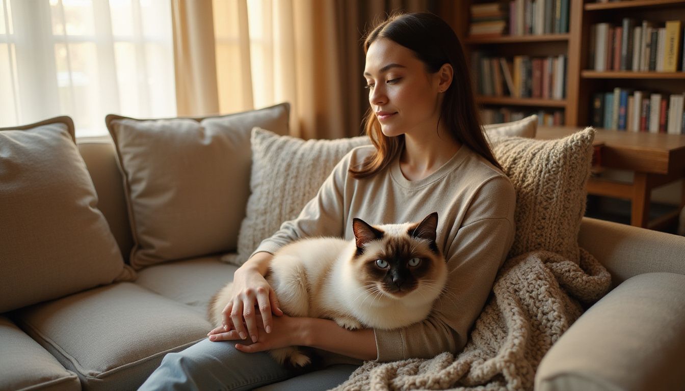 A woman relaxes on a couch with a content Ragdoll cat draped across her lap in a cozy living room.