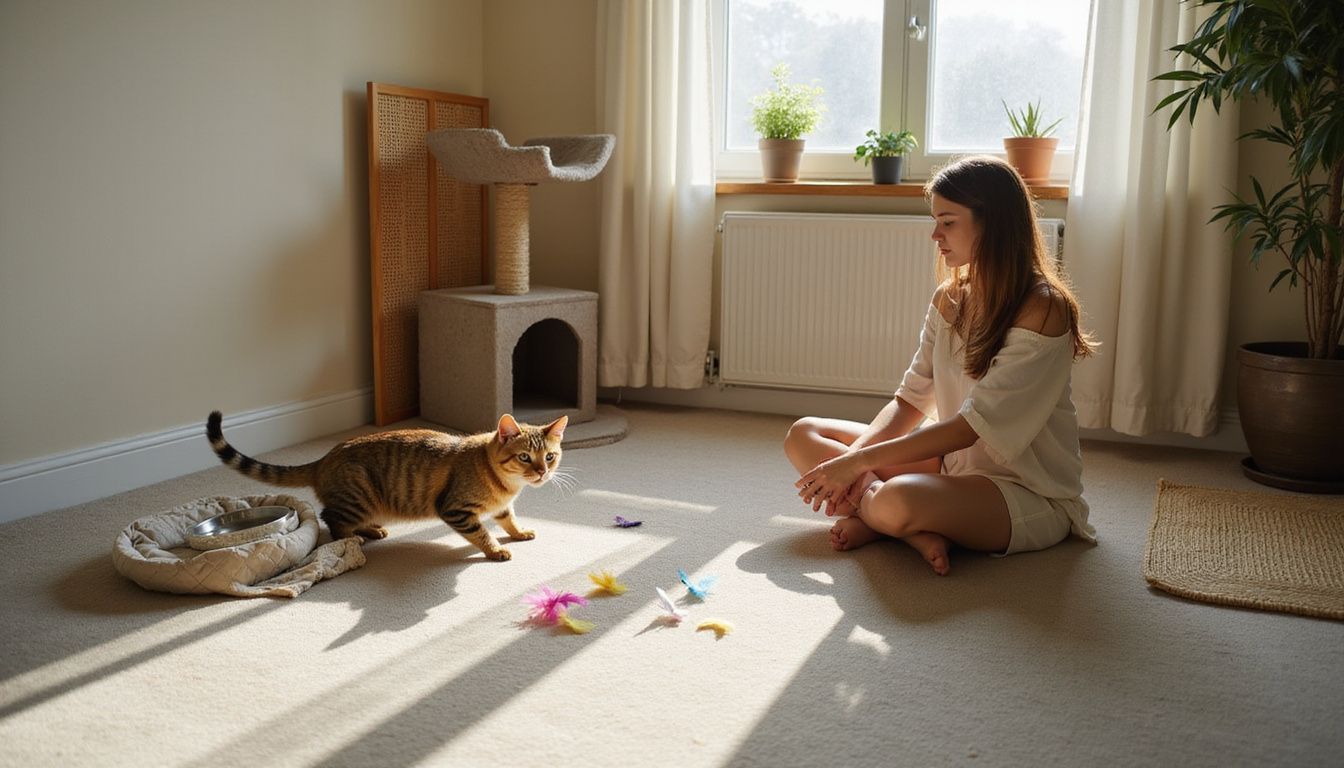 A woman relaxes with her playful tabby cat amidst a cozy living room filled with toys and cat furniture.