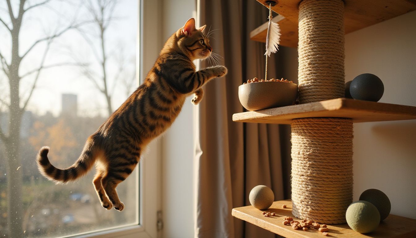 A tabby cat leaps towards a cat tree adorned with toys and a scratching post in a cozy living room.