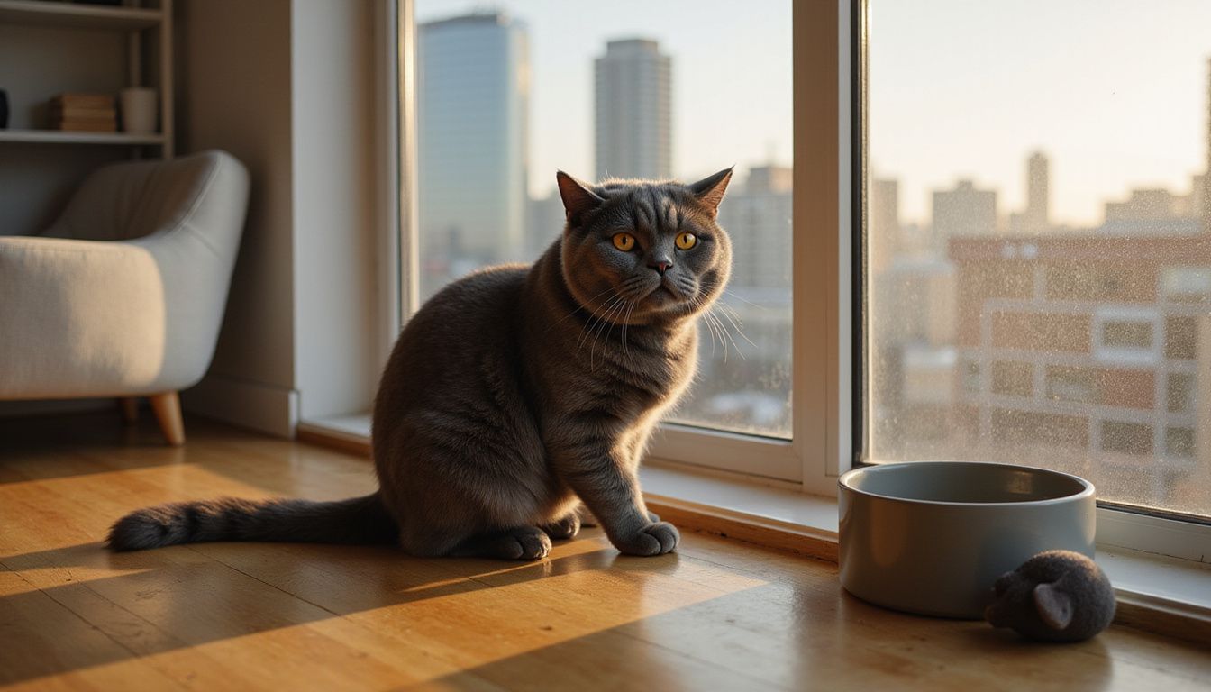 A plump grey British Shorthair cat rests on a windowsill, exuding tranquility in a stylish urban apartment.