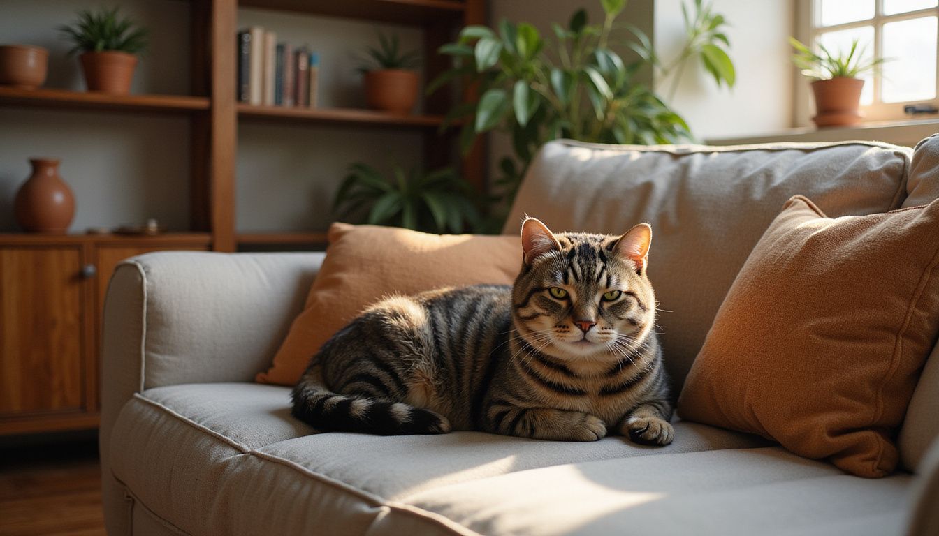 A relaxed Scottish Fold cat lounges on a cozy couch surrounded by plush pillows and a warm, inviting interior.