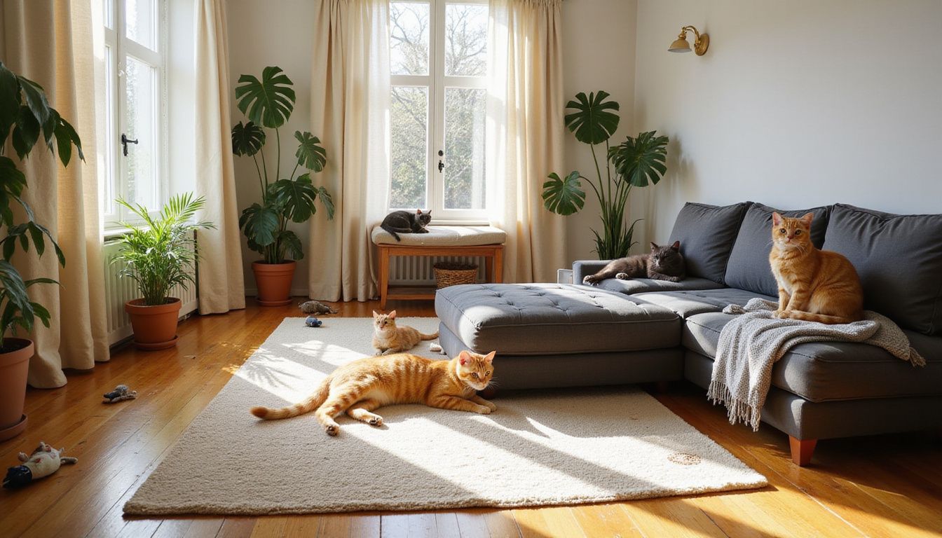 A cozy living room features five relaxed cats of various breeds amidst a warm, inviting domestic setting.