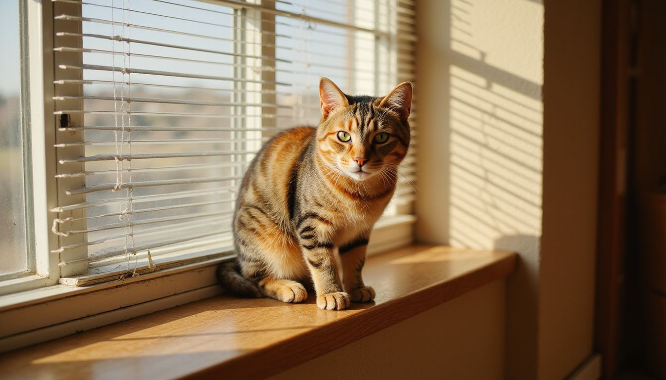 A relaxed tabby cat sits on a weathered oak windowsill, illuminated by soft sunlight, with a serene expression.