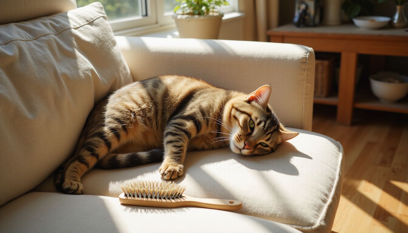 A relaxed American Shorthair cat lounges on a well-worn couch beside grooming essentials in a cozy living room.
