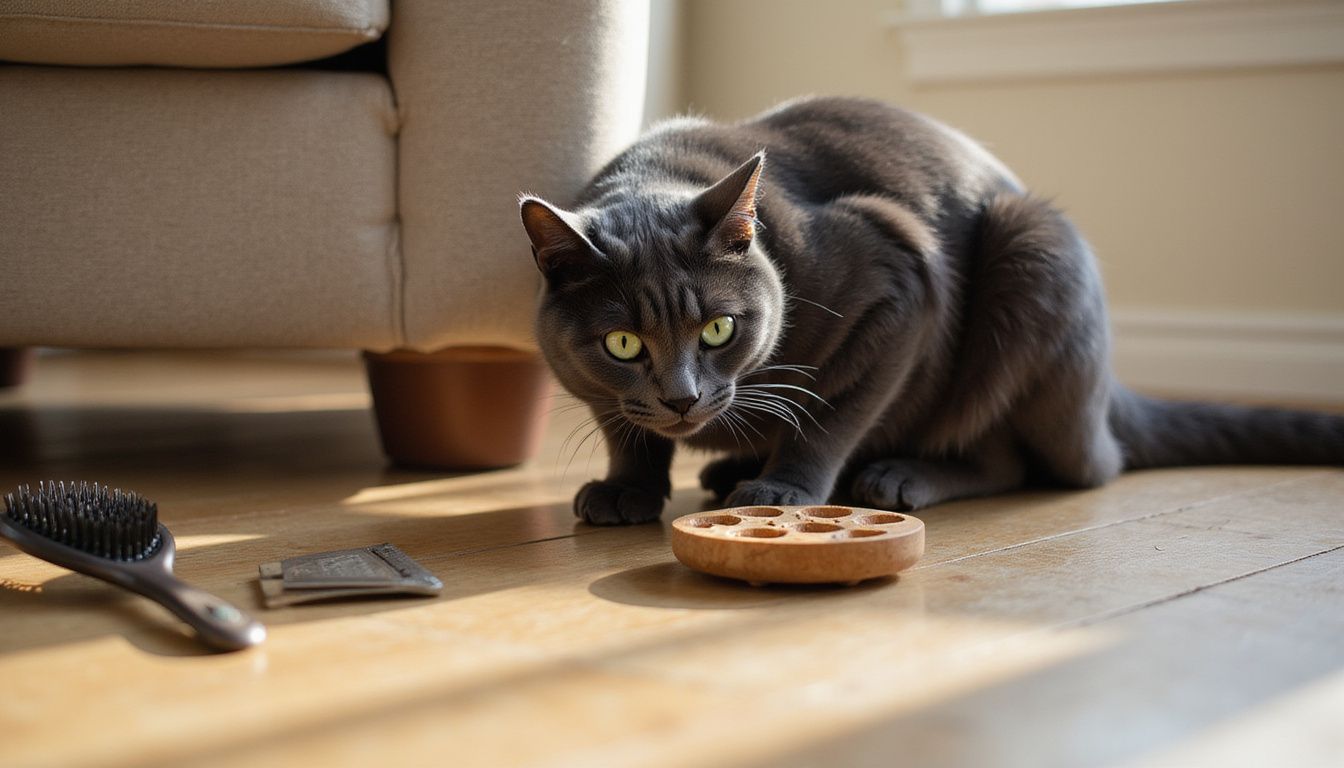 A Russian Blue cat intensely focuses on a puzzle feeder toy on a light oak hardwood floor.