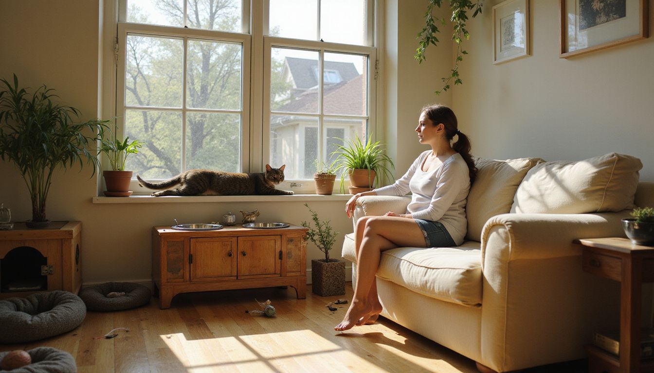 A woman relaxes on a sofa while her Scottish Fold cat stretches on a sunlit windowsill in a cozy living room.