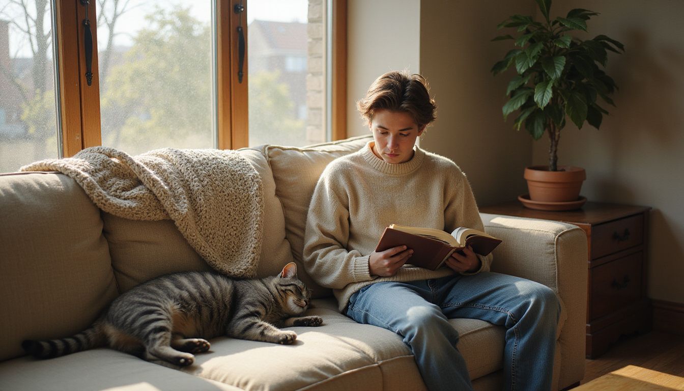 A relaxed American Shorthair cat lounges on a worn couch while a young adult reads nearby.