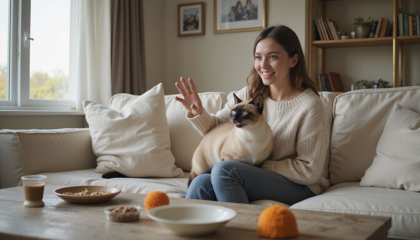 A young woman shares a heartfelt moment with her expressive Siamese cat on a cozy couch.