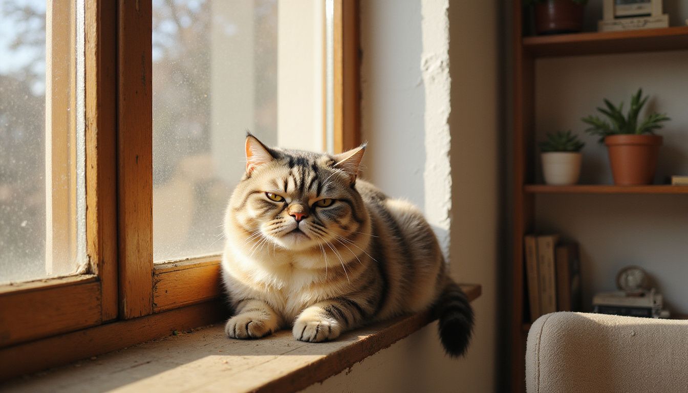 A relaxed Scottish Fold cat with folded ears sits on a wooden windowsill beside vintage succulents and a bookshelf.