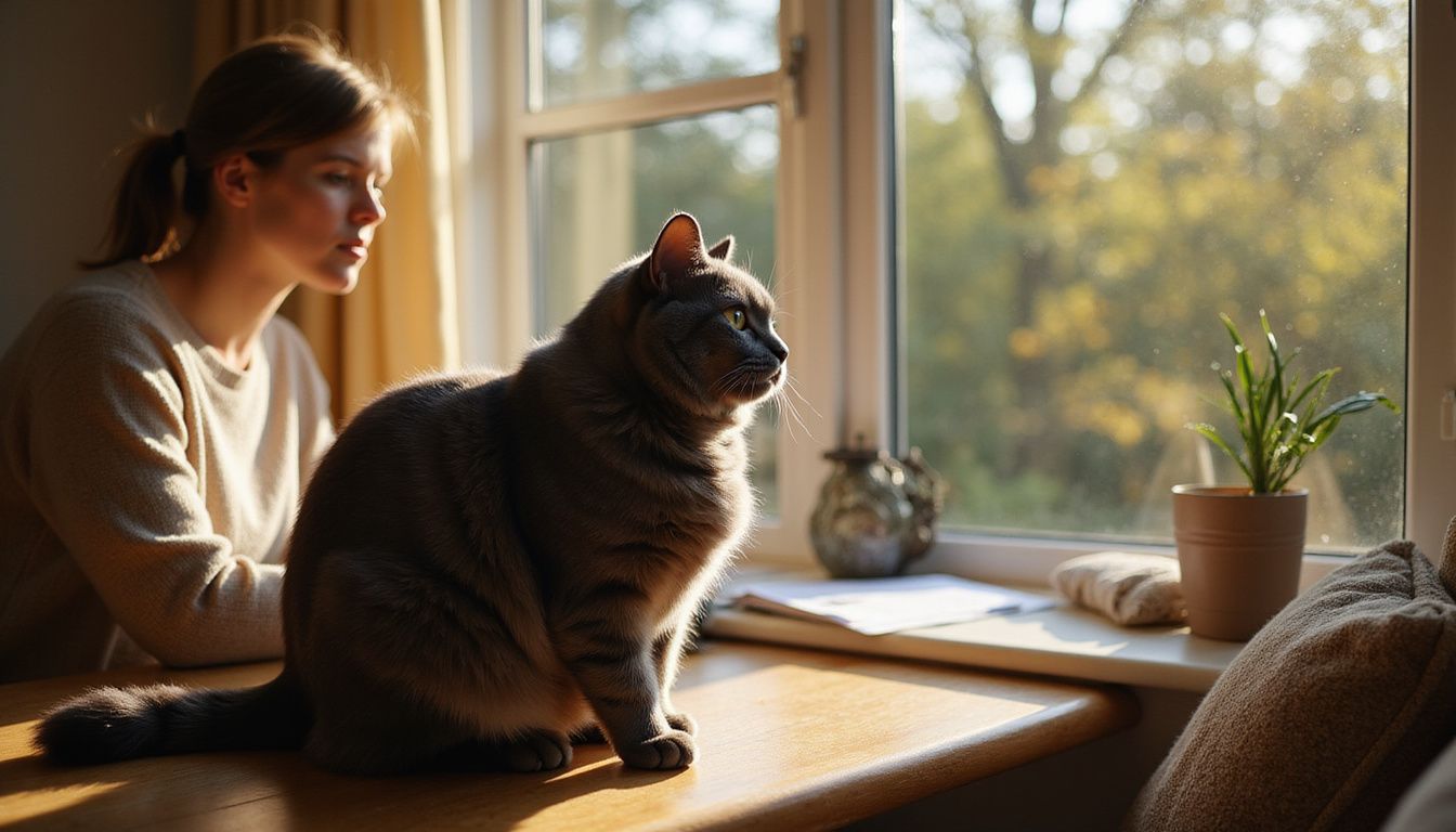 A British Shorthair cat rests silently on a windowsill, while a woman works attentively at a desk.
