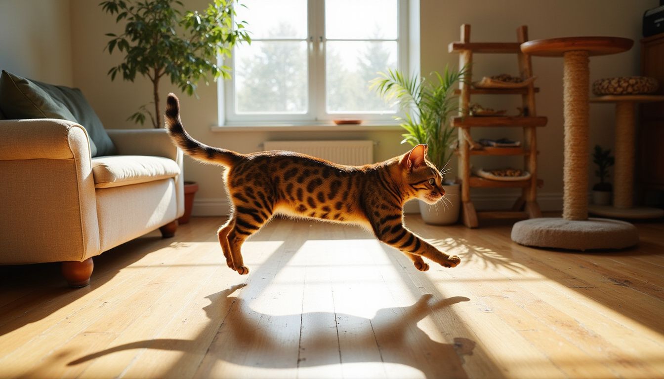 A Bengal cat leaps energetically through a vibrant living room filled with signs of playful activity and cat furniture.