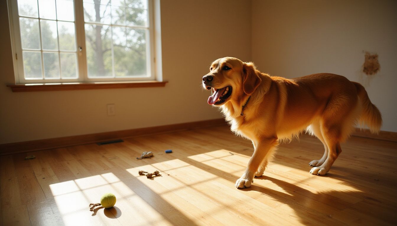 A golden retriever barks frantically in a sparse living room.