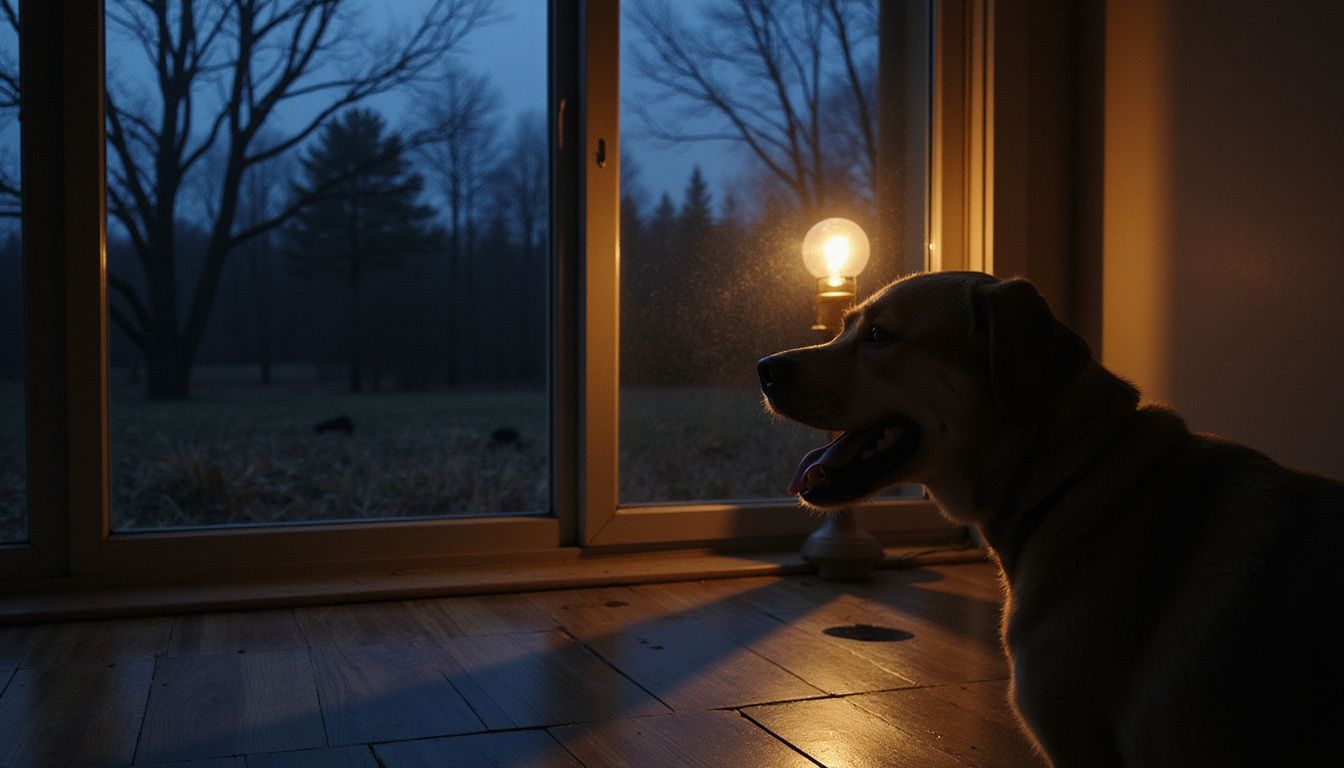 A medium-sized dog barks at a nocturnal creature outside.