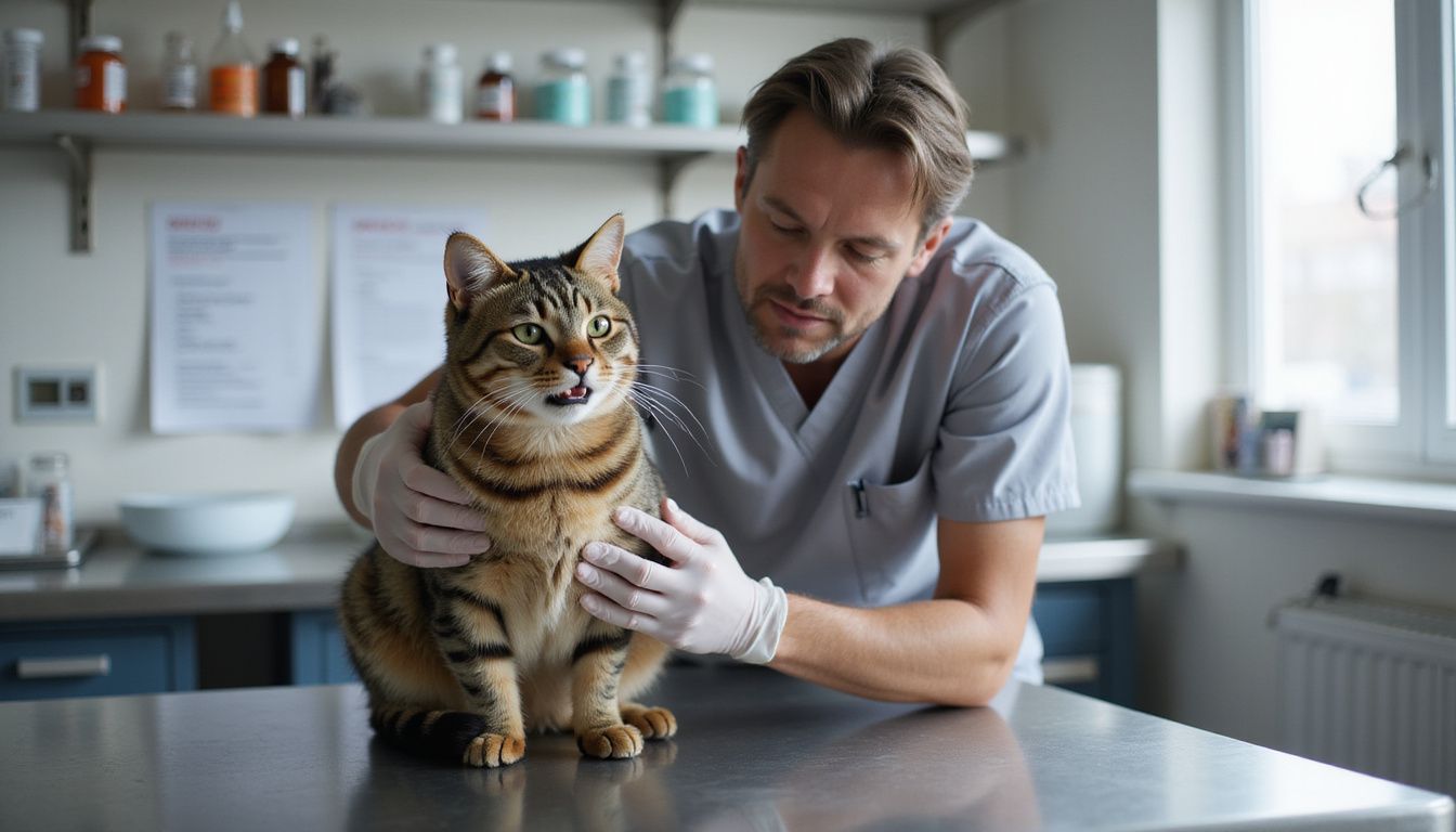 A veterinarian examines a domestic cat's teeth on a stainless steel table in a clinical setting.