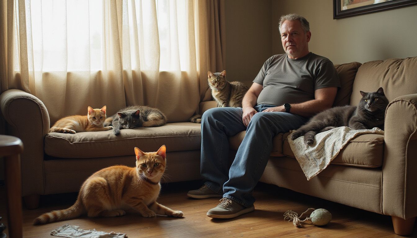 A middle-aged man relaxes on a couch with three cats in a cozy, lived-in living room.
