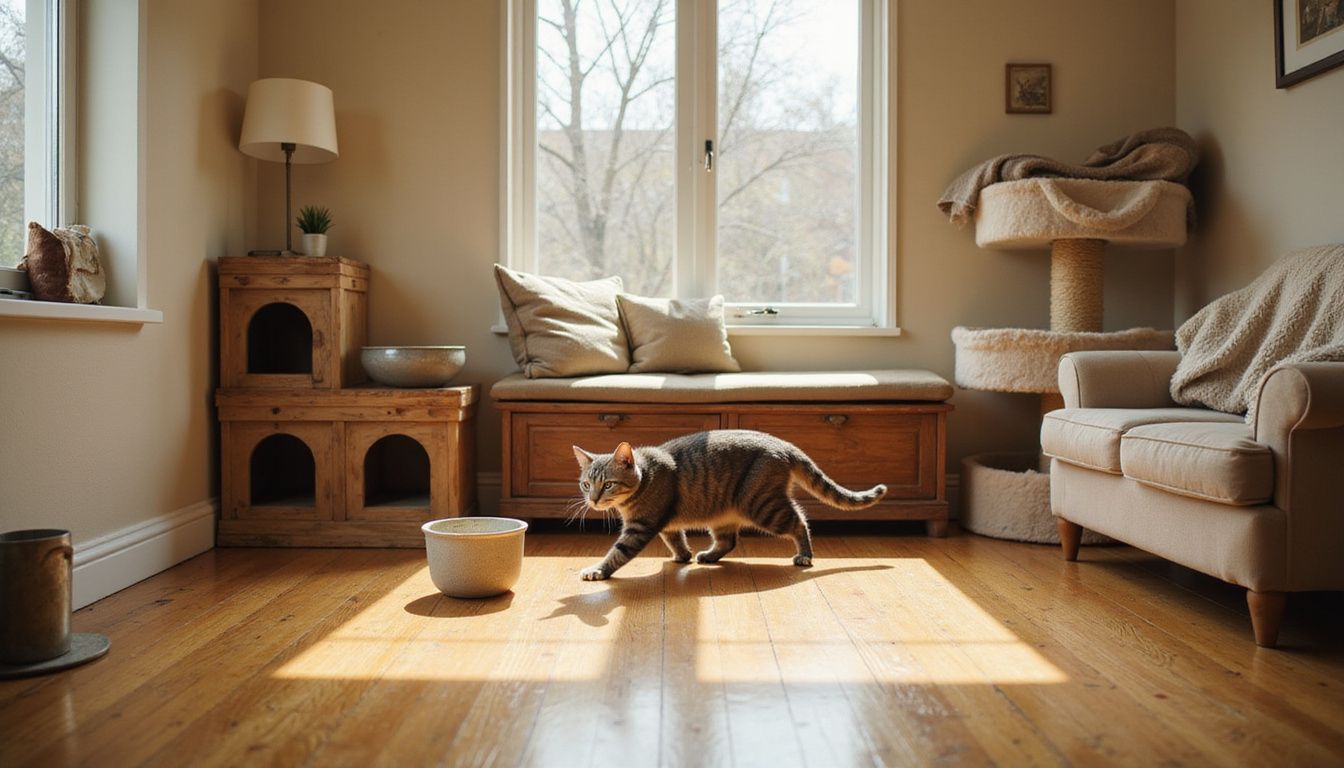 An aged silver-gray tabby cat carefully navigates a cozy, lived-in living room filled with pet furniture and warm decor.