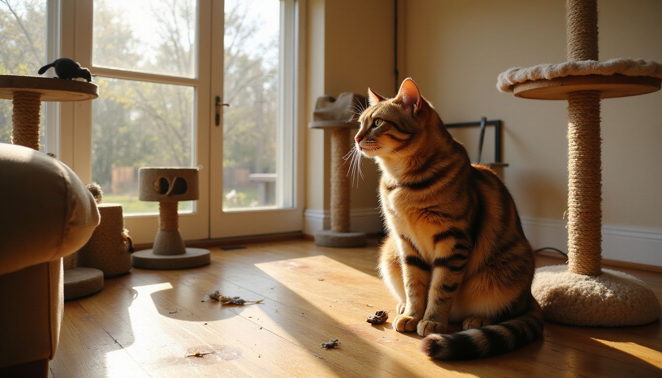 A vigilant tabby cat attentively observes birds and a squirrel from a cozy window perch in a lived-in living room.