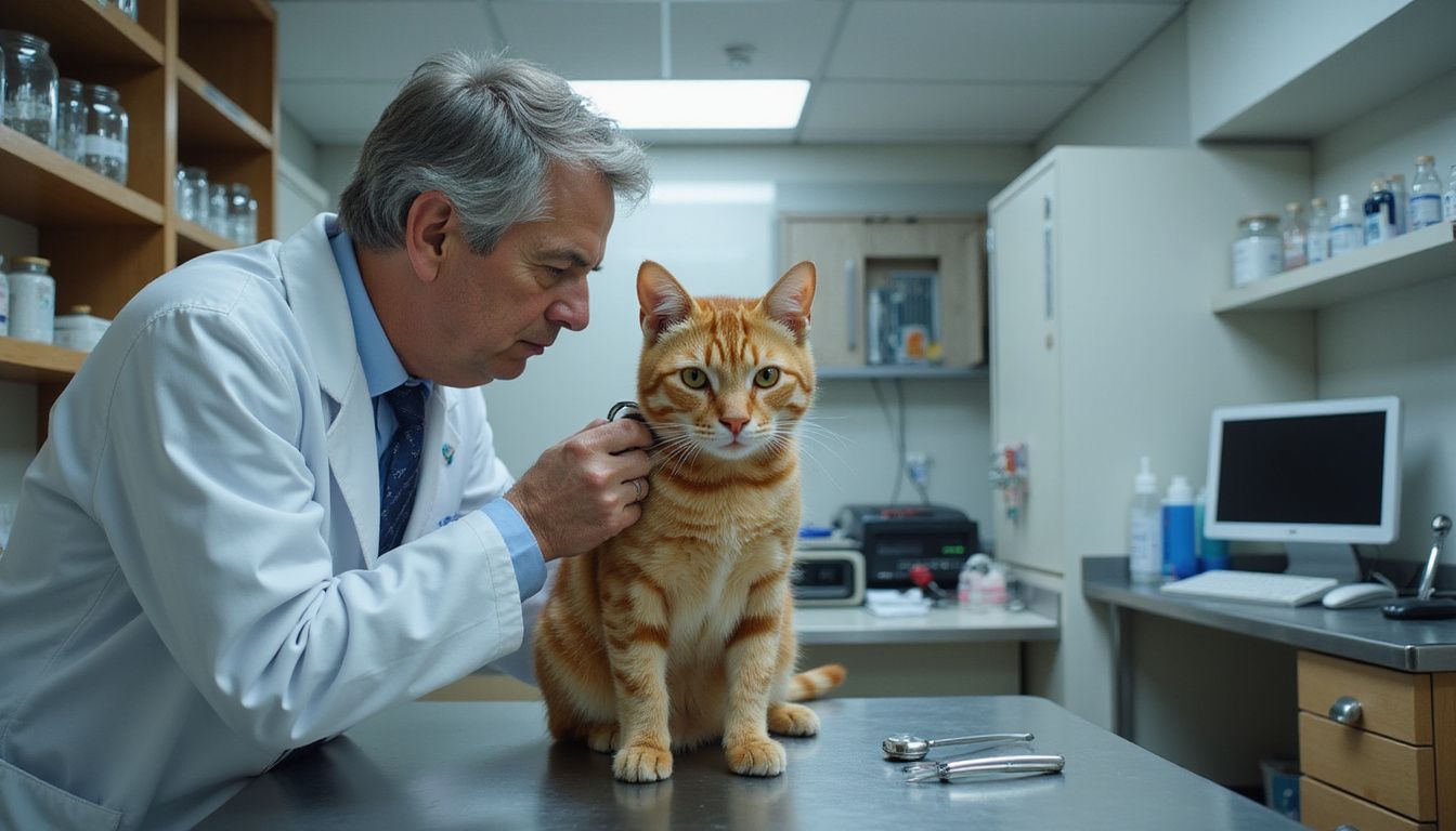 A focused veterinarian conducts a wellness exam on a calm ginger tabby cat in a clinic setting.