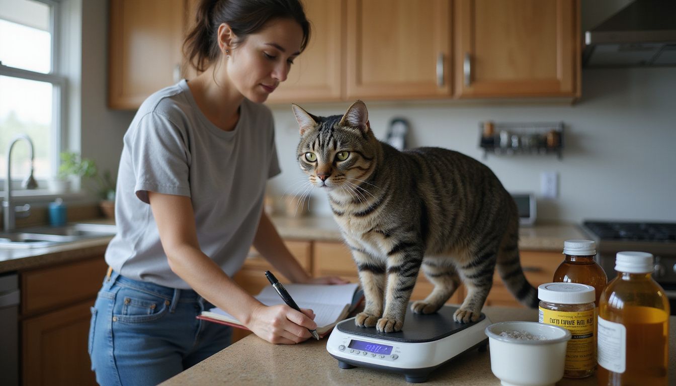 A senior tabby cat stands on a scale while its owner records its weight in a veterinary notebook.