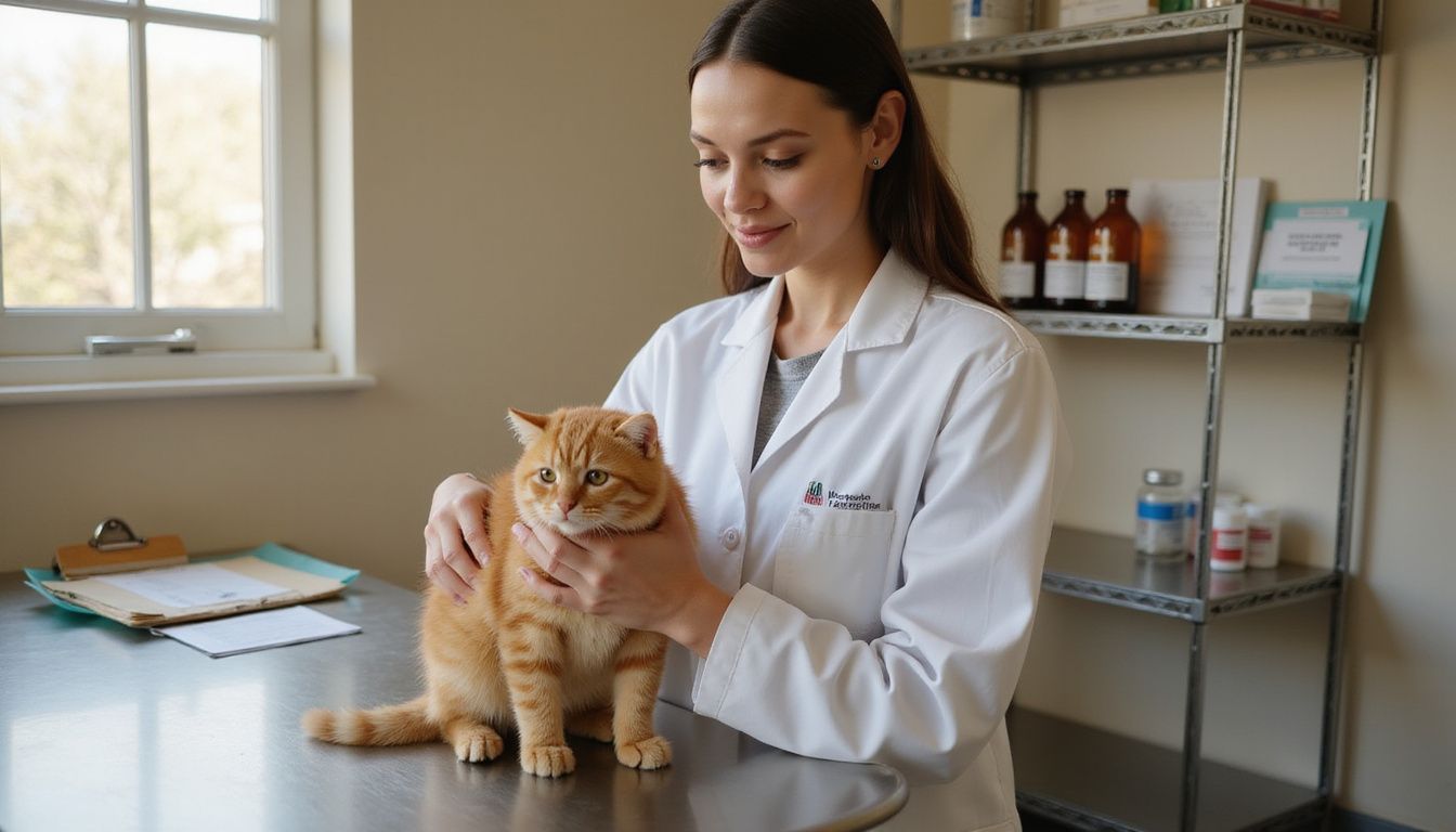 A veterinarian gently examines an alert orange tabby kitten on a stainless steel table in a clinical setting.