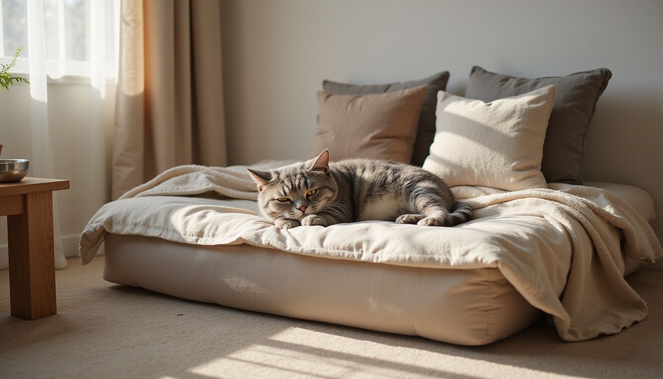 A relaxed senior gray tabby cat rests on a memory foam bed surrounded by cozy bedding and a serene bedroom setting.