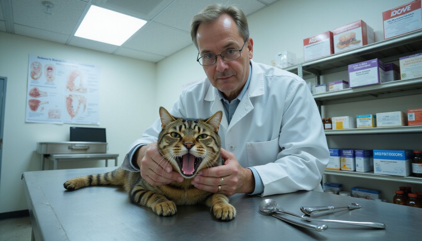 A veterinarian examines a tabby cat's teeth on a stainless steel table in a clinical setting.