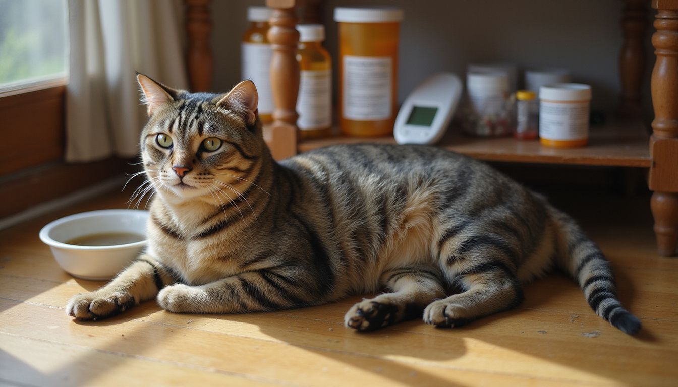 An elderly, emaciated tabby cat shows signs of illness, with prominent ribs and distant, glassy eyes.