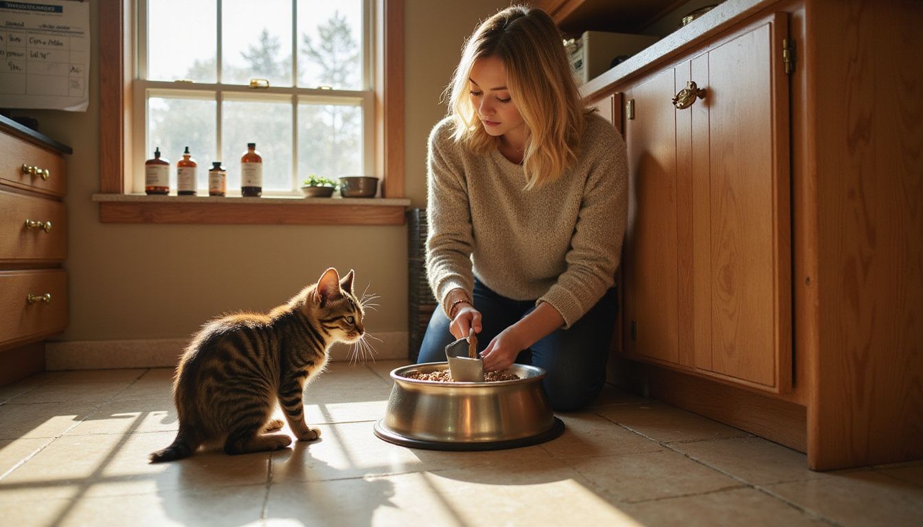 A woman gently brushes a tabby kitten while it eats from a stainless steel food bowl in a cozy kitchen.