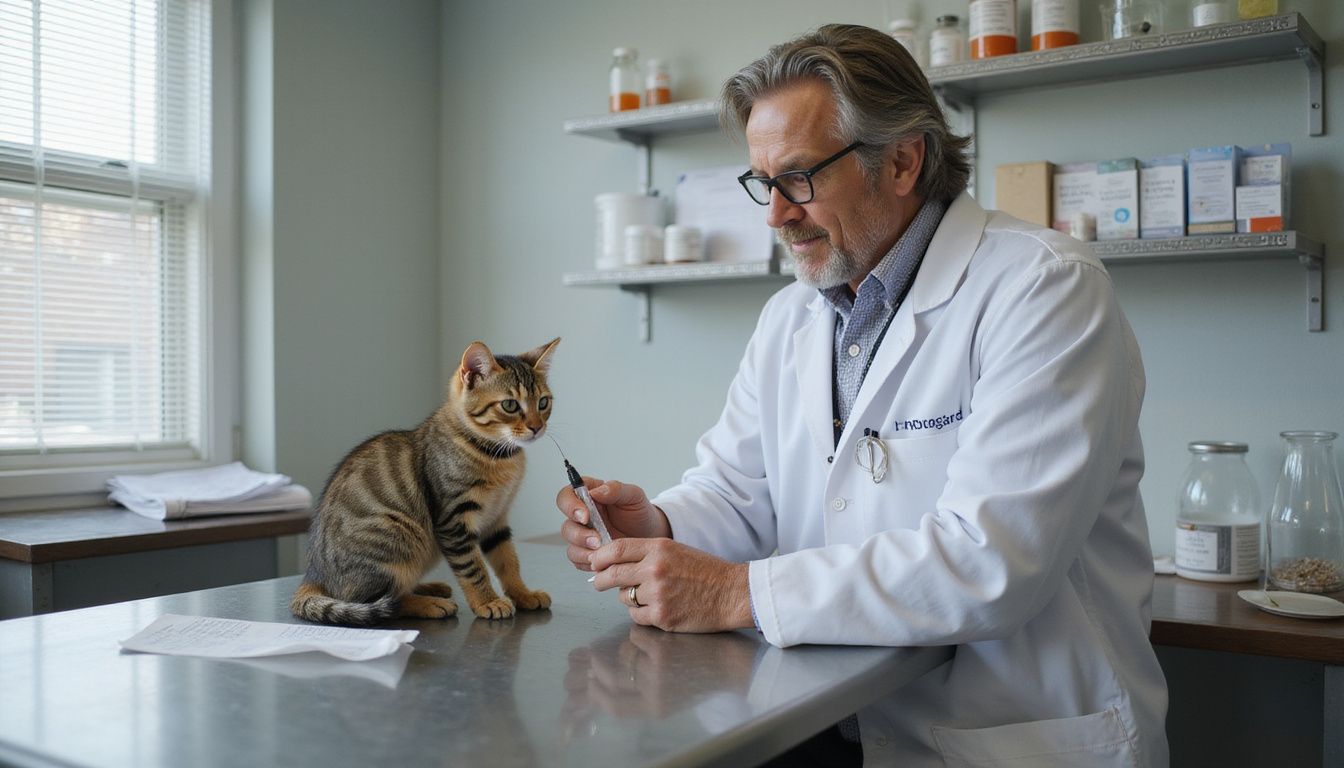 A worried tabby kitten awaits a vaccination from a veterinarian in a clinical examination room.
