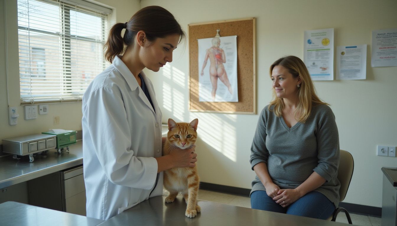 A veterinarian gently holds a young orange tabby kitten in an examination room, while a client watches intently.