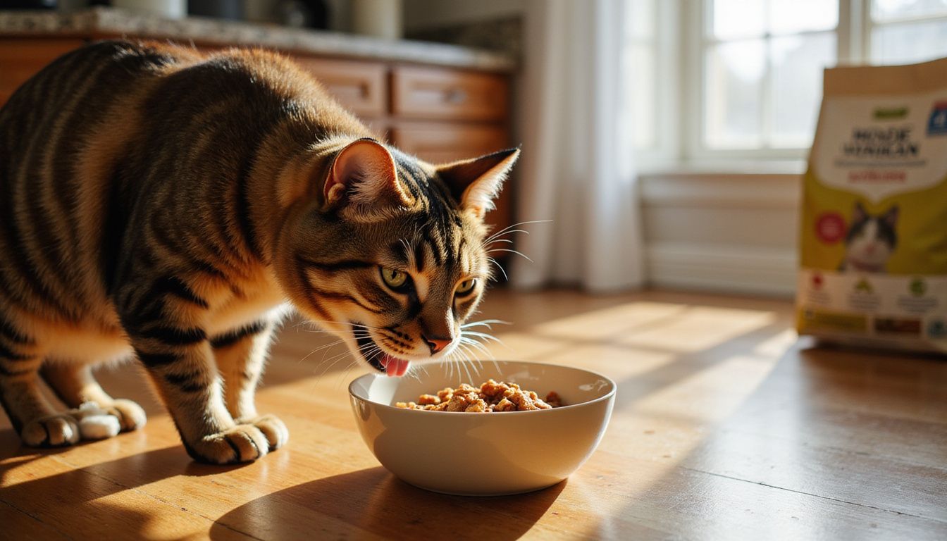 A tabby cat eagerly eats wet food from a cream-colored ceramic bowl in a cozy kitchen setting.