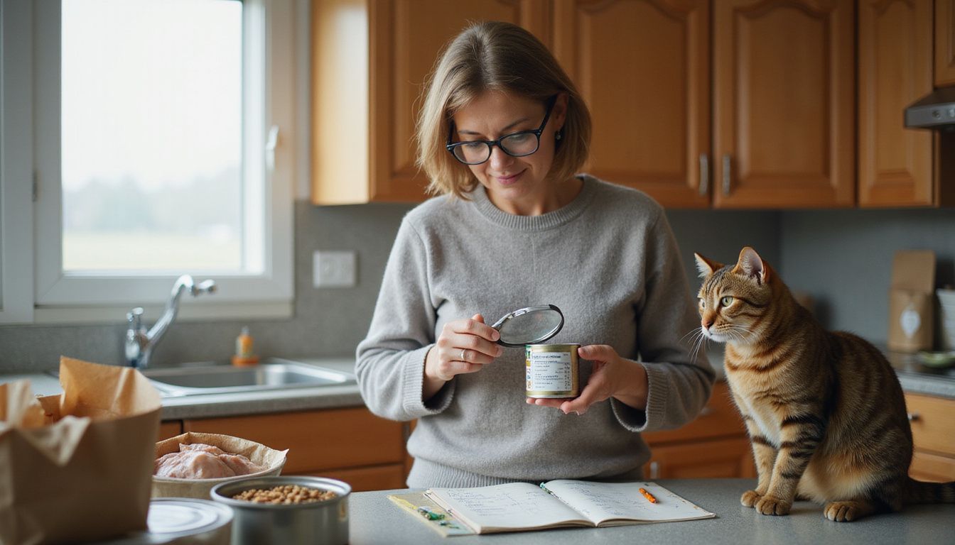 A middle-aged woman examines a cat food label with a magnifying glass while her tabby cat observes her.