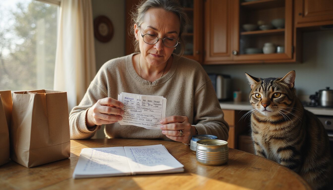 A middle-aged woman examines cat food ingredients at a worn kitchen table while her curious tabby cat watches.