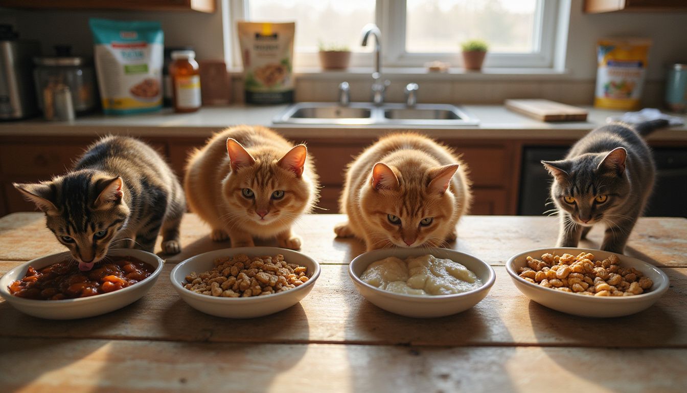 A group of four cats enjoys different types of food from neatly arranged ceramic bowls on a wooden table.