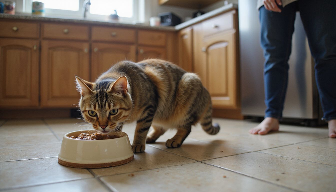 A tabby cat eats wet food from a ceramic bowl while a woman attentively observes in a cozy kitchen.