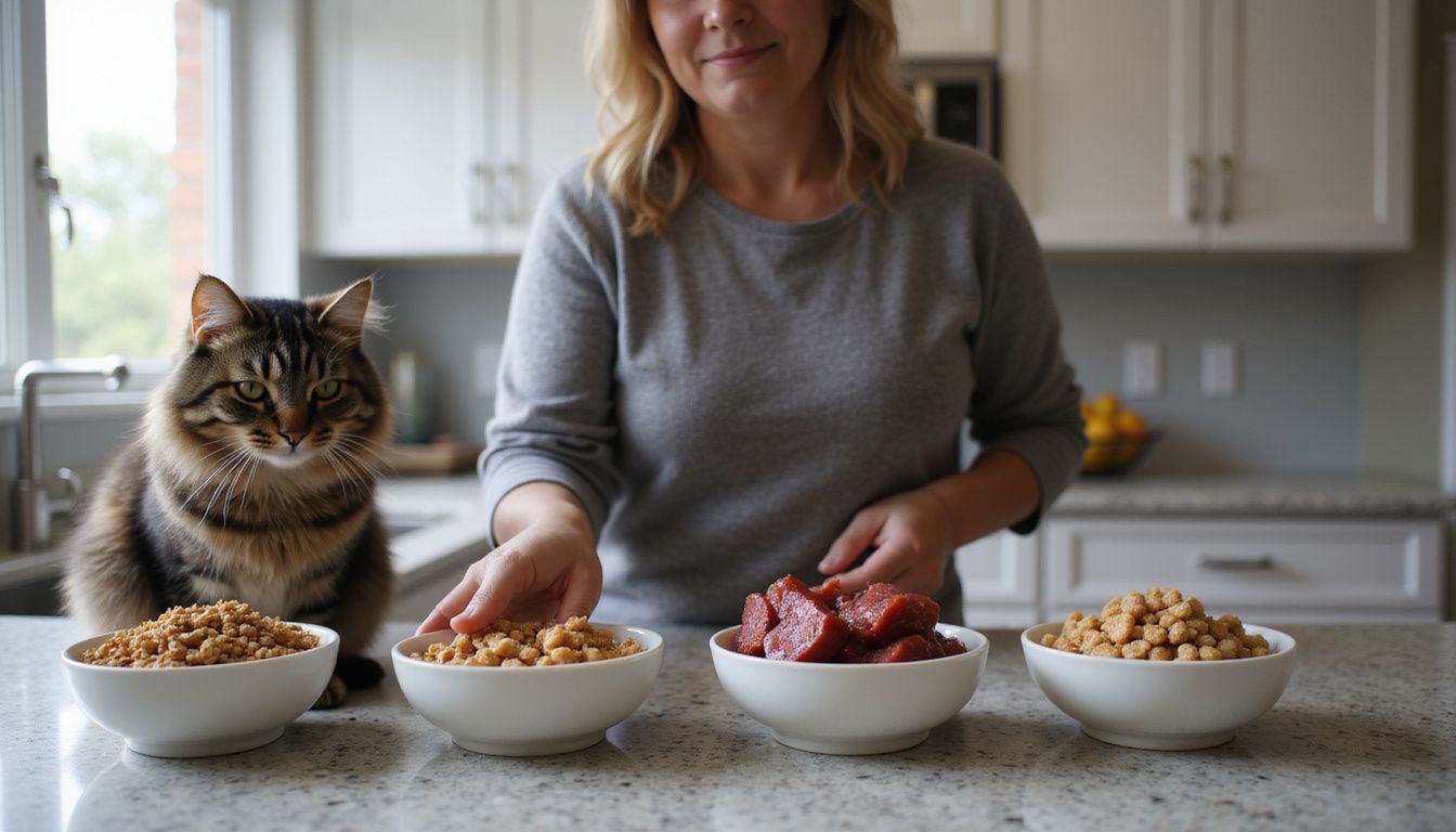 A curious tabby cat sits beside four types of pet food on a granite countertop as a woman reaches for one.