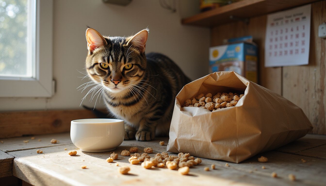 A focused tabby cat eagerly approaches a bowl of kibble on a worn wooden kitchen counter.