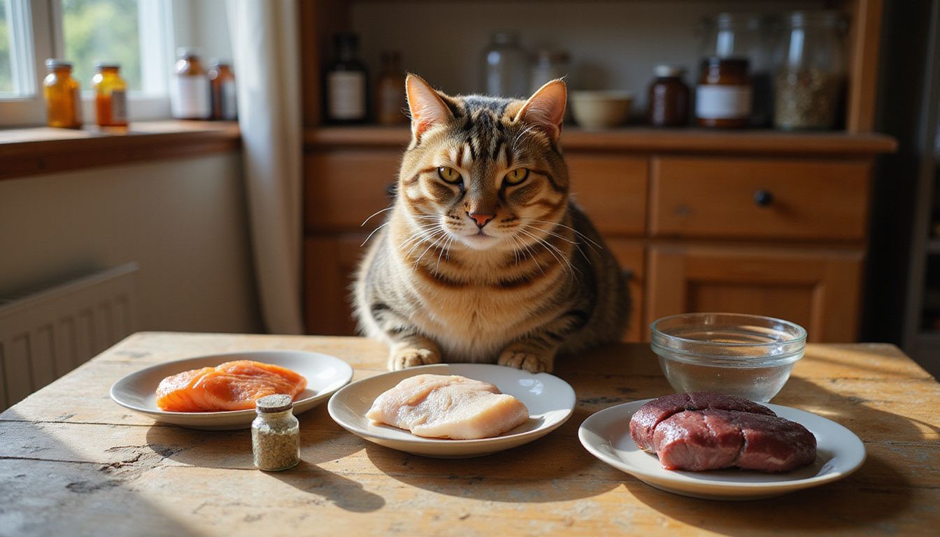 A focused tabby cat intently observes three plates of raw meats on a worn wooden table.