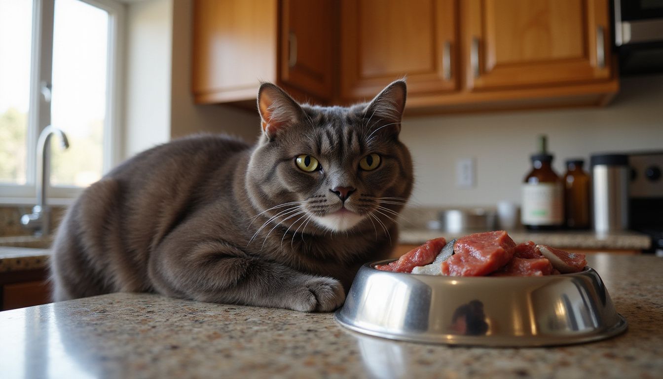 A sleek domestic cat eagerly watches raw beef and fish in a polished bowl on a kitchen countertop.