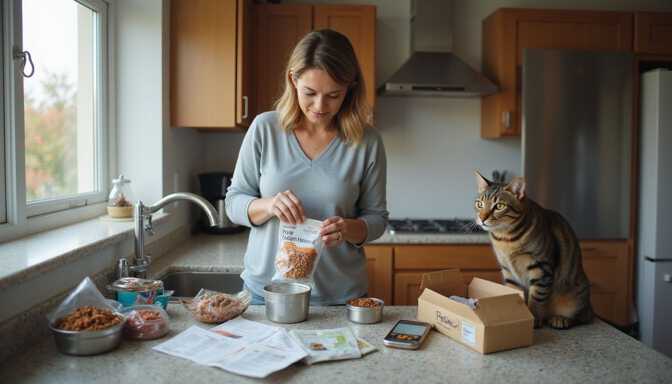 A concerned woman analyzes freeze-dried cat food while her attentive tabby cat watches her in the kitchen.