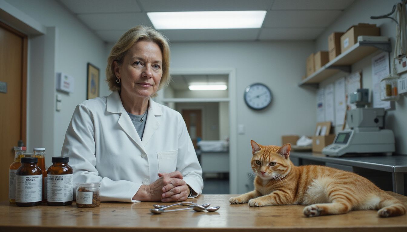 A middle-aged woman in a lab coat examines veterinary supplies in a clinic, with a relaxed tabby cat nearby.