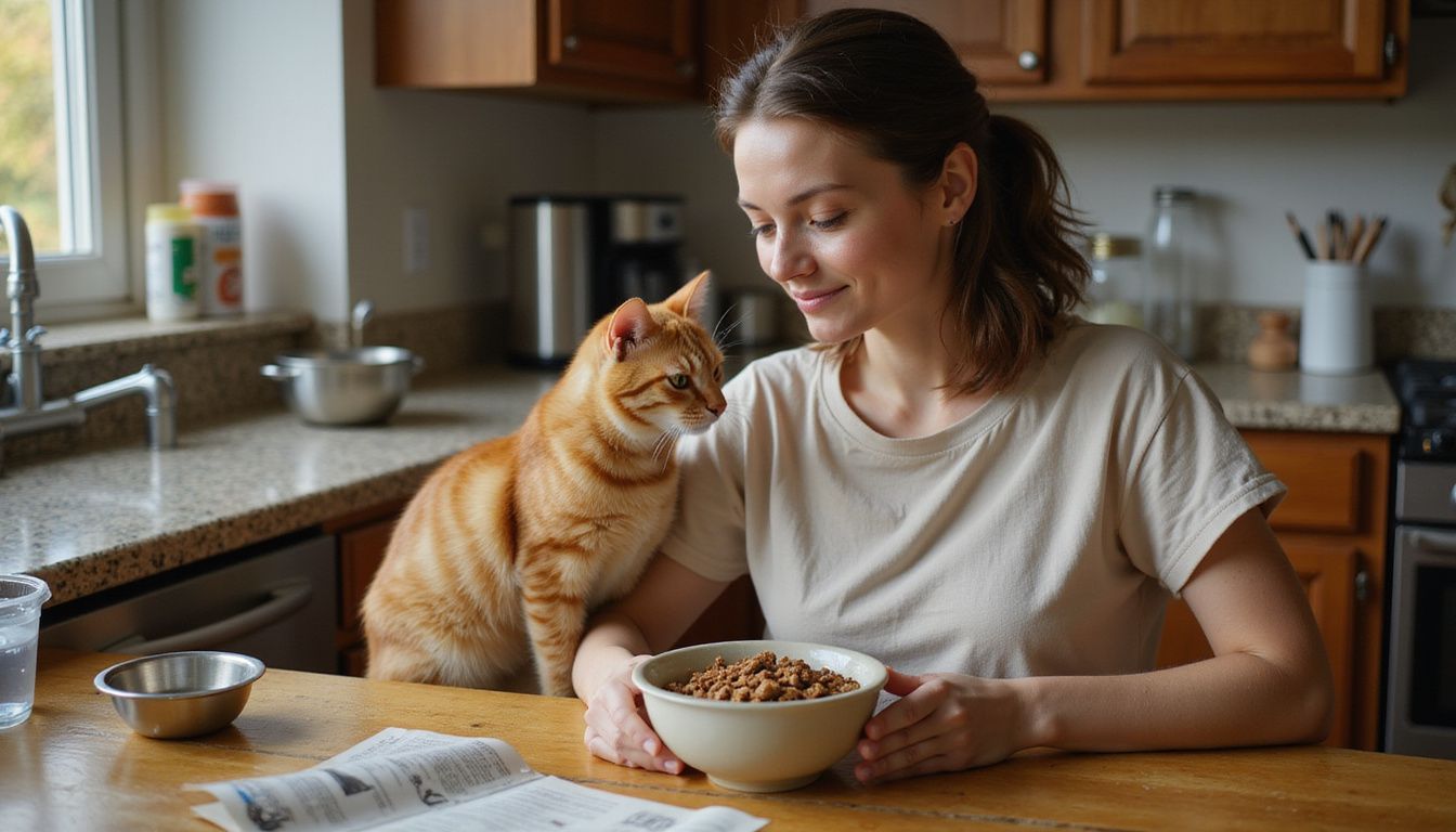A woman enjoys a moment at a kitchen table with her curious tabby cat and pet care items nearby.