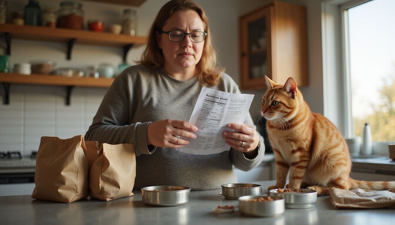 A woman examines a cat food bag, thoughtfully comparing nutrition labels while her attentive orange tabby cat watches nearby.