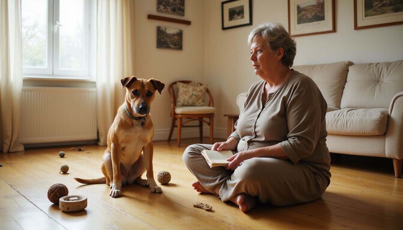 A woman sits cross-legged with her attentive dog in a cozy room.