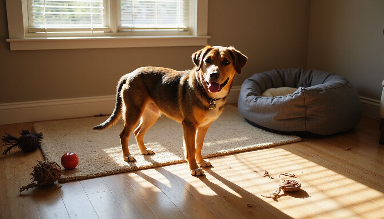 A relaxed mixed-breed dog enjoys a cozy living room ambiance.