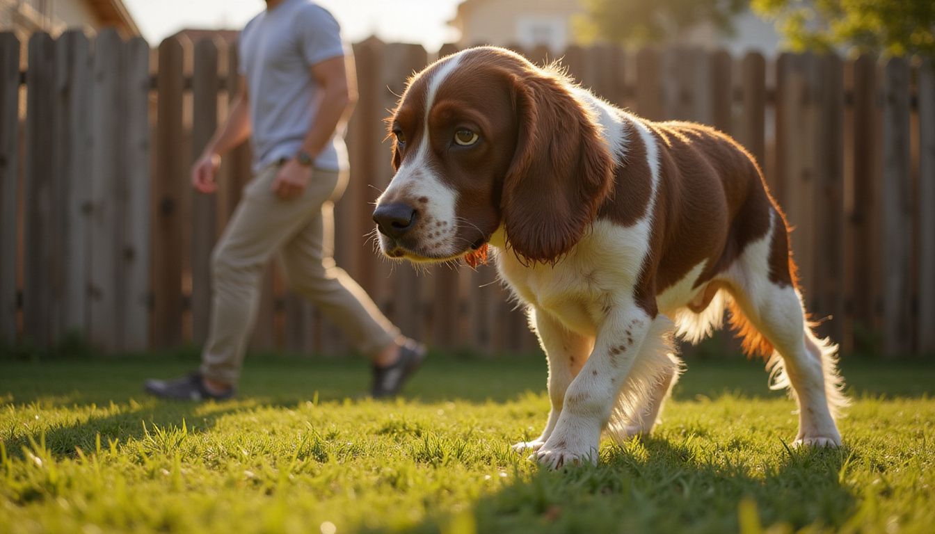 A focused springer spaniel stands alert in a backyard.